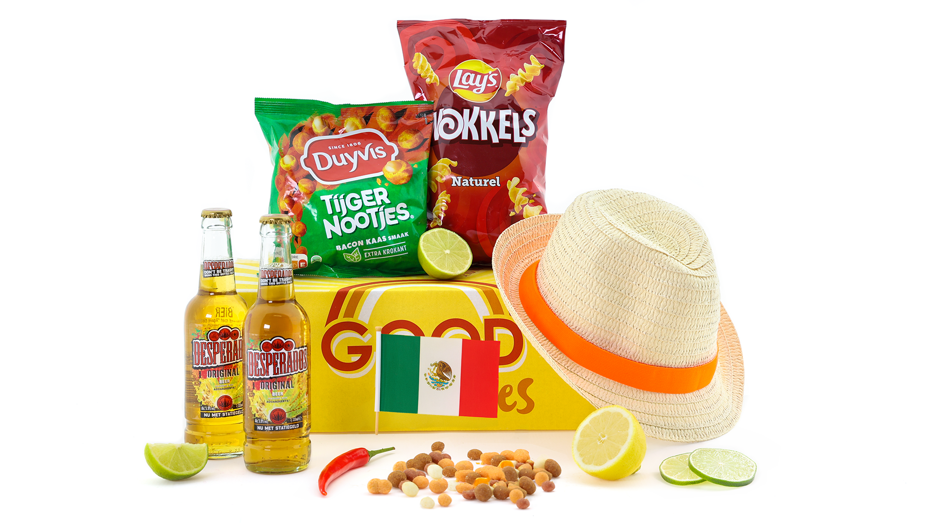 Mexicaans WK pakket Mexico met strohoed, Desperados, chips en borrelnootjes