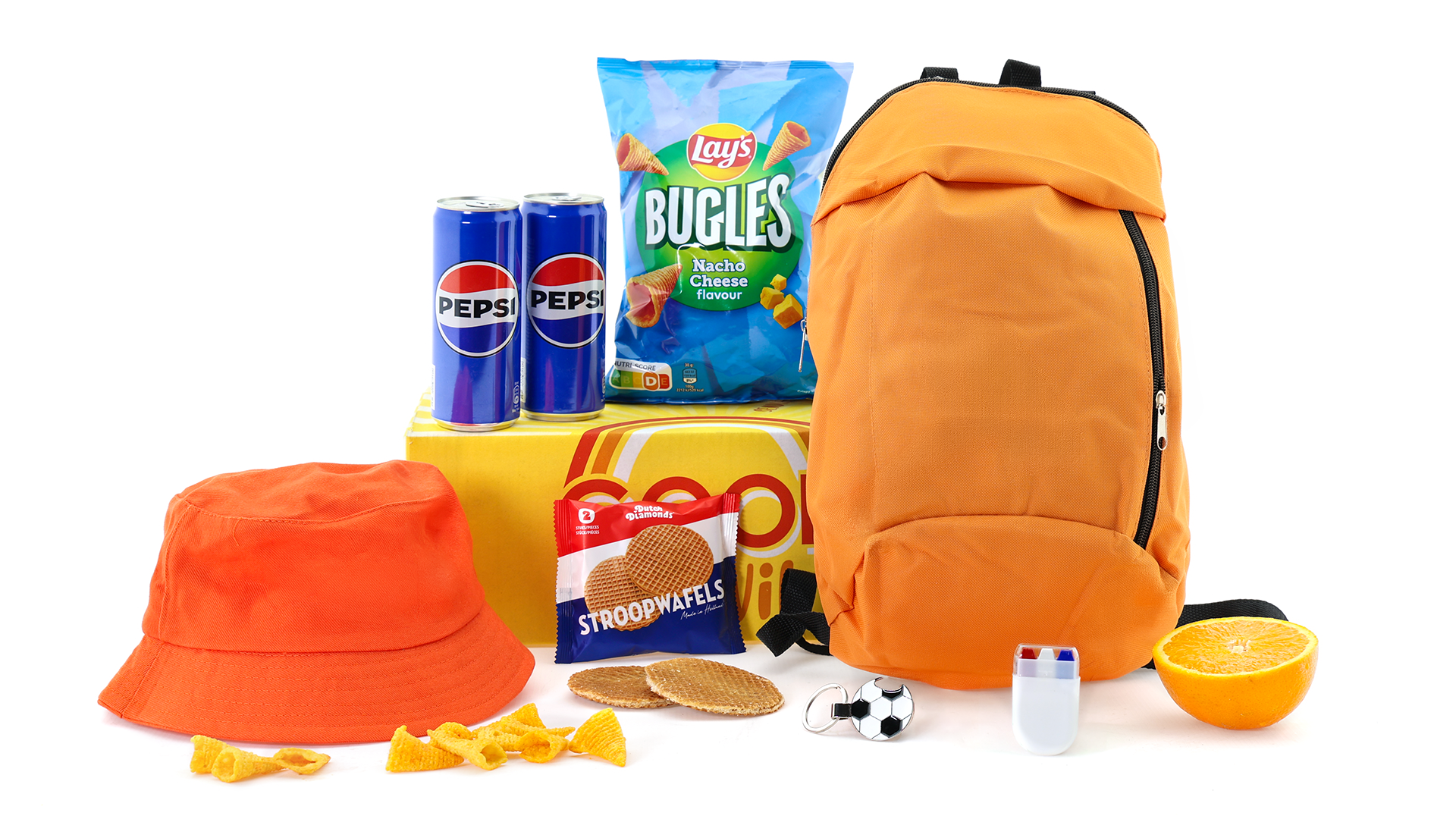 Oranje supporterspakket met rugzak, zonnehoedje, bodypaint, flesopener, snacks, stroopwafels en cola